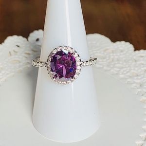 Oval Purple Halo Crystal 18K White Gold Plated Ring